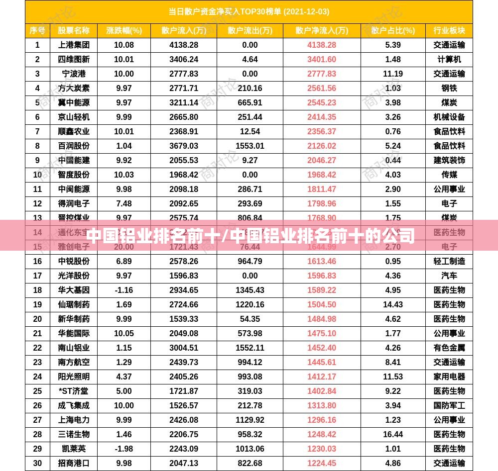 中国铝业排名前十/中国铝业排名前十的公司