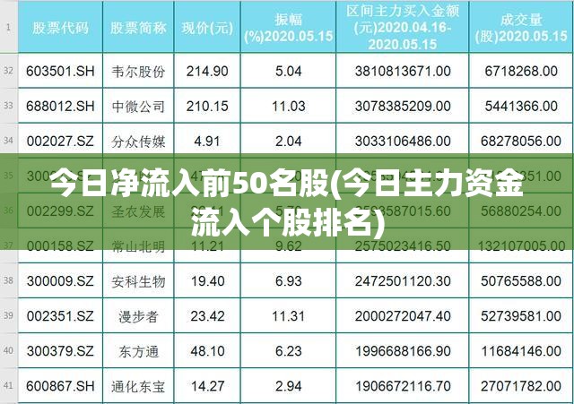 今日净流入前50名股(今日主力资金流入个股排名) 今日净流入前50名股(今日主力资金流入个股排名)